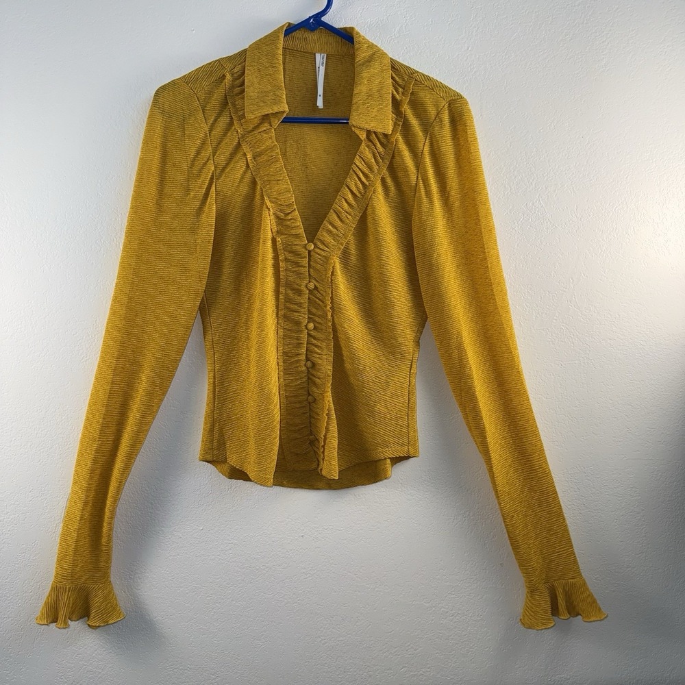 Anthropologie Mustard Yellow Textured Blouse XS Ruffle Button Front Long Sleeve